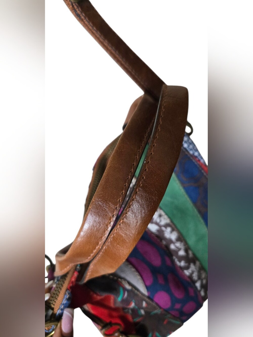Fossil Patchwork Tote Crossbody Bag Multicolor Suede Canvas Leather Key Charm - Picture 6 of 16